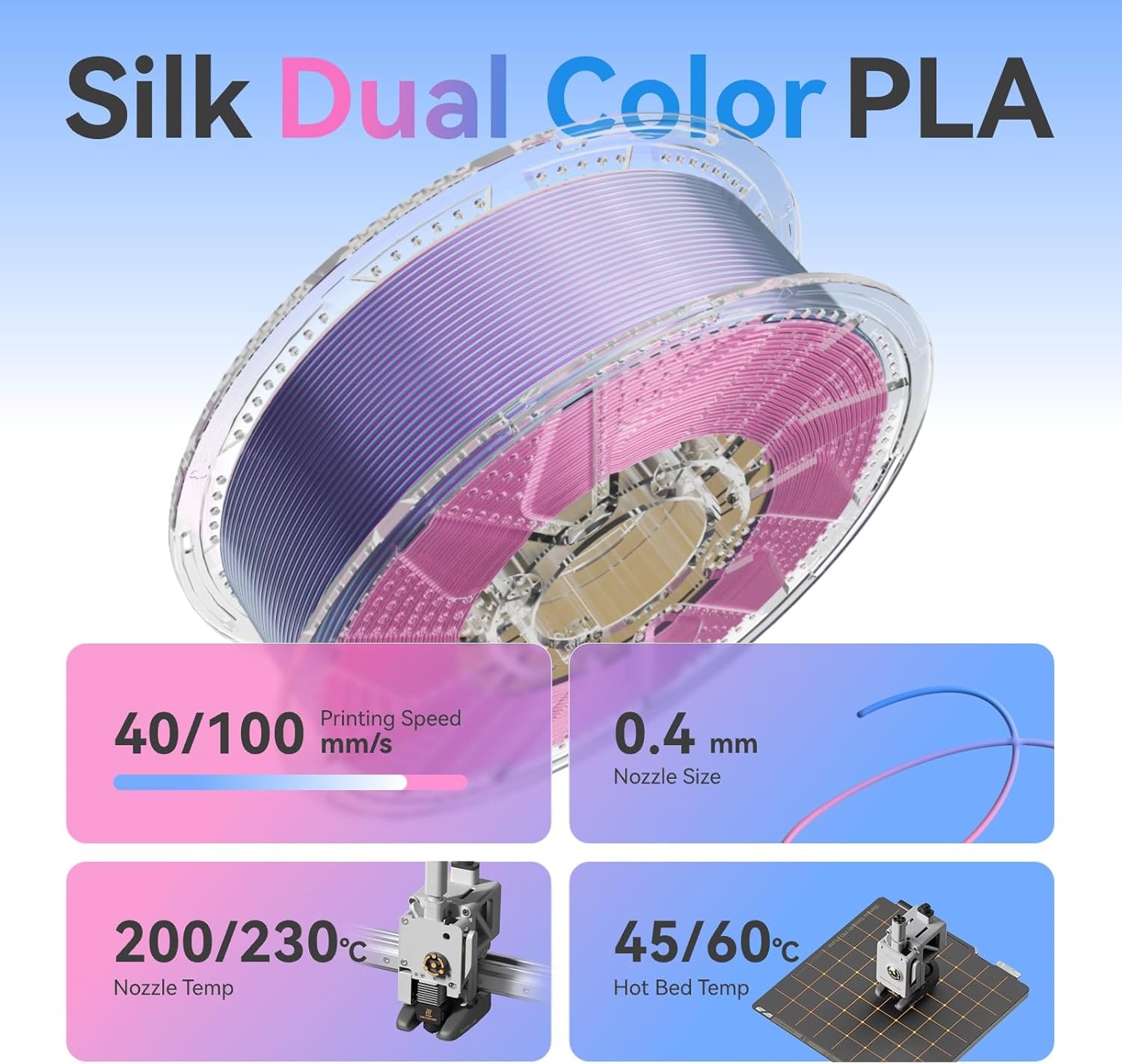 Chitu Systems Conjure Silk PLA Filament, 2KG Spool (4.4lbs), 1.75mm Dual Color Filament, Rose Red Sky Blue Shiny Filament Diameters ±0.02 mm 3D Printer Filament Bundle - Image 3