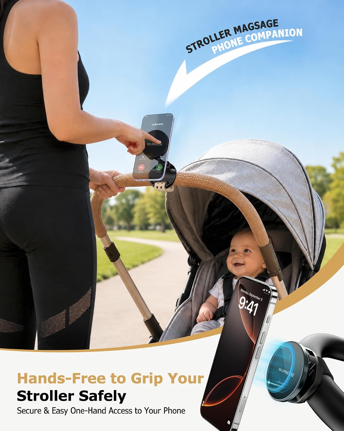 [2026 Upgraded] 3-in-1 Stroller Phone Holder for MagSafe with Folding Arm, Magnetic Phone Mount & Strap, Accessories for Mom on Stroller Walk or Strides, Fits Nuna, Doona, Graco, Wagon for iPhone 17