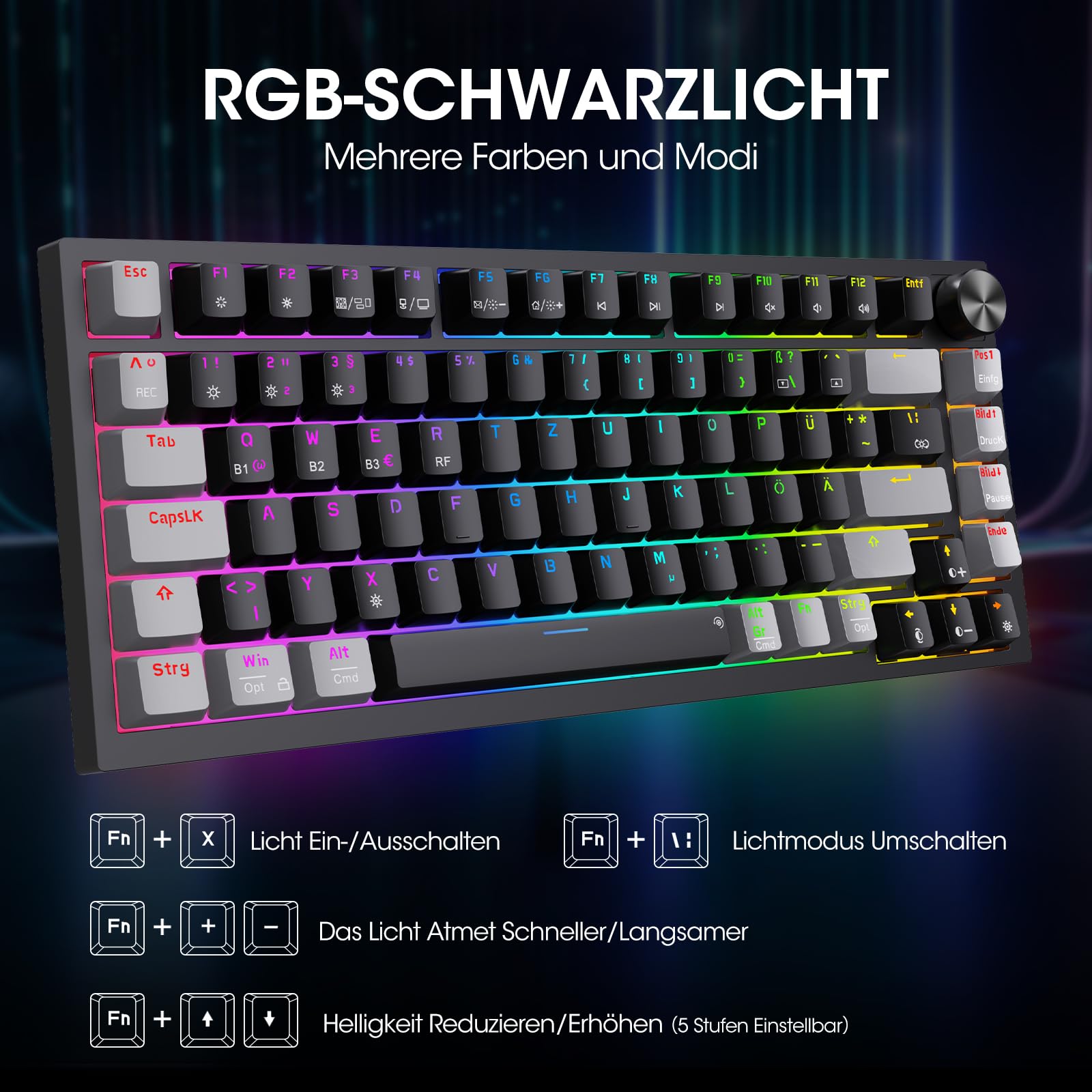 KOORUI Mechanische Gaming Tastatur, Kabellos/Kabelgebunden/Bluetooth, 26 RGB, Wiederaufladbar 4000mAh, 82 Tasten Deutsches Layout QWERTZ, Roter Schalter