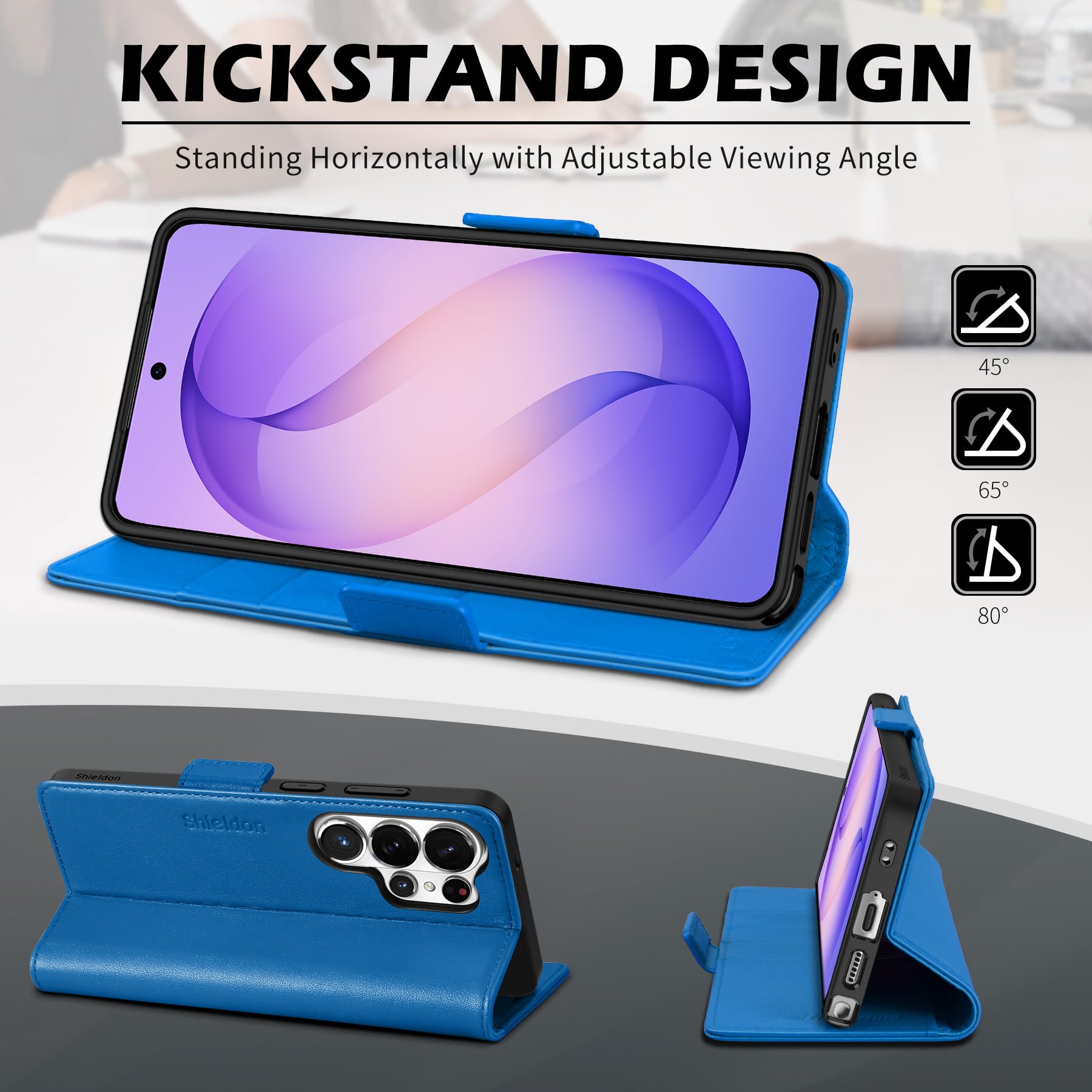 SHIELDON Etui Portfel do Galaxy S26 Ultra 6,9" 2026, Szafirowy Błękit | Prawdziwej Skóry, Etui na Karty, Blokada RFID, Podpórka, Zapięcie Magnetyczne, Etui z Klapką Odporną na Wstrząsy