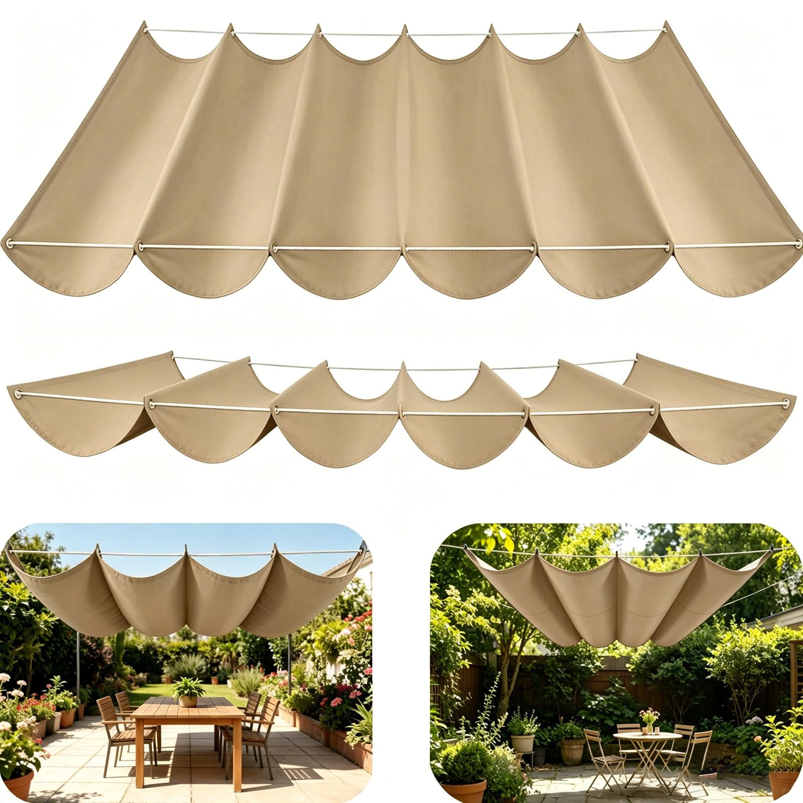 Retractable Sun Sail Shade Canopy for Outdoor Use, Custom Pergola Waterproof Shade Cover,Wave Design, Thickened Fabric, With Rope Patio for Garden Patio Balcony Pool-Khaki||180x800cm