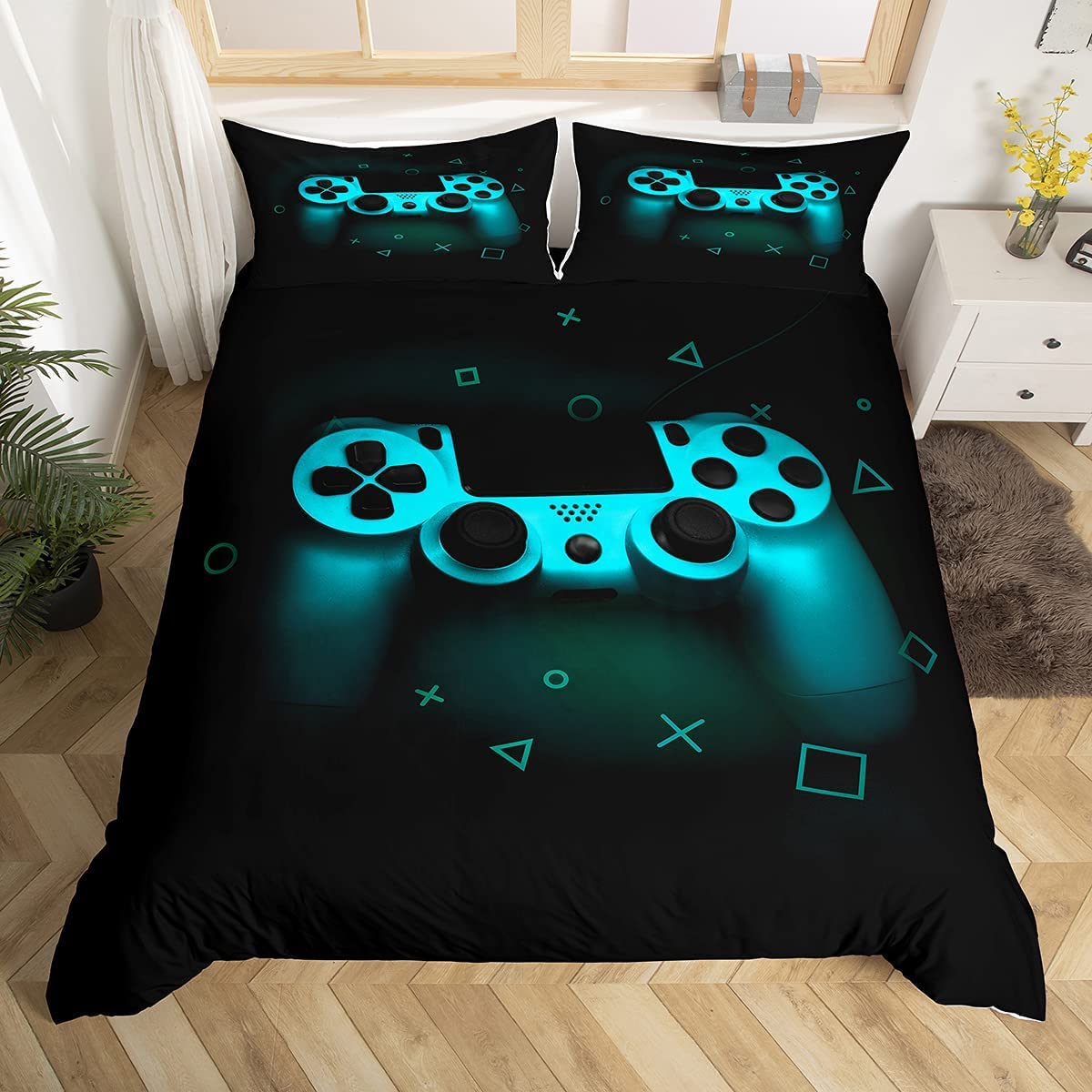 Kids Gamer Comforter Cover Single Size,Gamepad Bedding Set Kids Young Man Video Games Duvet Cover for Teen Child Game Room Decor Black Classic Arcade Retro Gaming Quilt Cover with Controller Button