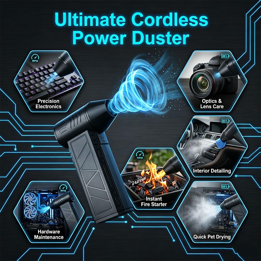 Soplador de Aire Comprimido Eléctrico 150000RPM, Air Duster Potente para Limpieza PC y Teclado 4 Velocidades Ajustables Reutilizable Plumero de Aire Inalámbrico con Luz LED para Coche Hogar