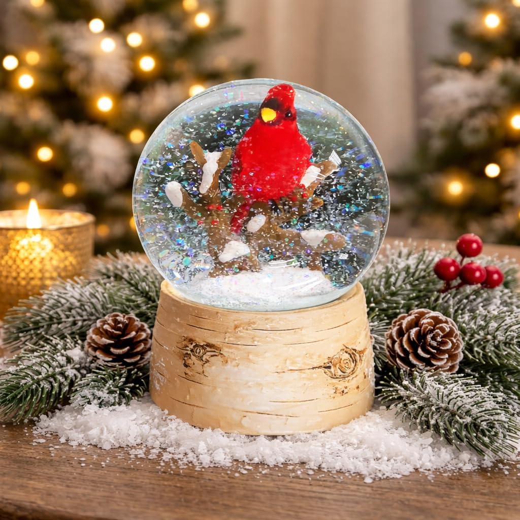 Musical Christmas Snow Globe with Cardinal Water Spinning Wind-Up Music Box Hand-Painted Birch Tree Design Holiday Tabletop Decoration by Moments in Time (5.7”H)