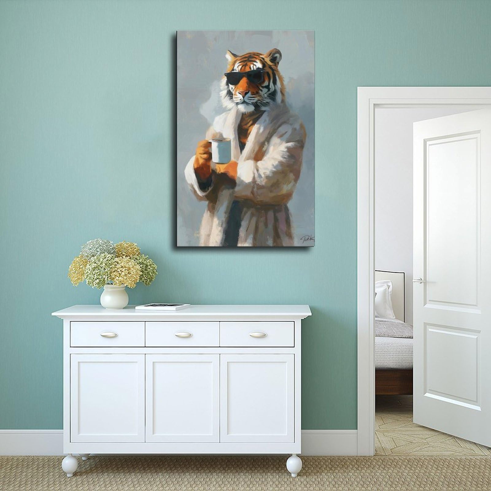 AGTHWE Póster de tigre bebiendo café, póster de lona para decoración del