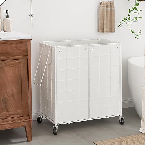 Miniatura 9 de WOWLIVE Cesta de lavandería doble con ruedas, marco de alambre de metal, cesta de lavandería con 2 bolsas extraíbles, cesta de ropa sucia de 120 L,