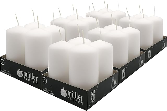 Müller Small Pillar Candle - Pack of 24 Unscented White Candles - 4,8 x 9 Cm - 16 Hours Burn Time Candles for Decoration - No Drip Wax - Smokeless Wick - RAL Quality - Made in Germany