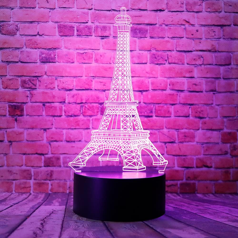 Cartoon Romantic Eiffel Tower in Paris France Fashion Style Anime Figure 3D Visual LED Bedroom Decor Sleep Night Light with Remote 7 Colors Table Lamp Birthday Xmas Gifts for Kids Boy & Girl