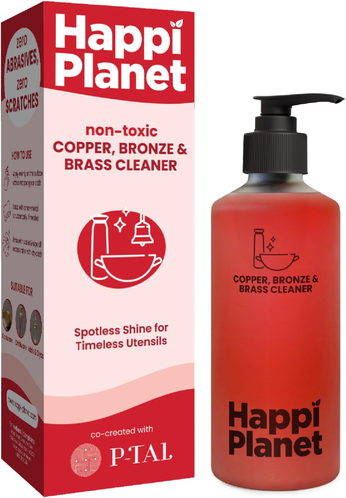 Happi Planet Copper, Bronze & Brass Cleaner | 300 Ml | zero Abrasives, zero Scratches | Non-Toxic, Plant Based | Suitable for Drinkware, Cookware, Idols & Diyas | Co- Created with P-TAL