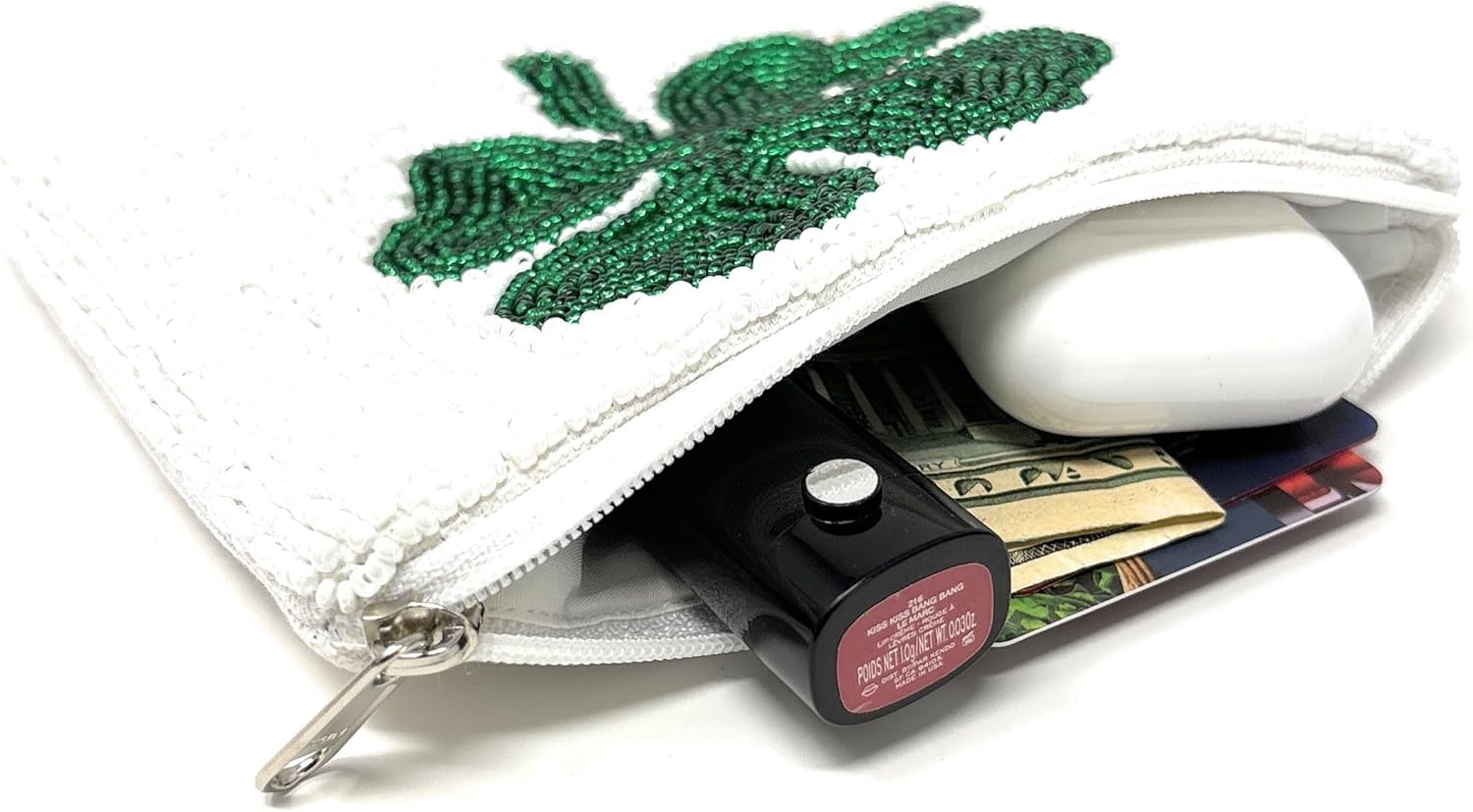 TWINE AND LOVE Four Leaf Clover Coin Purse, St. Patrick's Day Beaded Purse, Lucky Green Accessories, Coin Purse Pouch, Beaded Coin Purse, Irish Gifts, White (TL193L)
