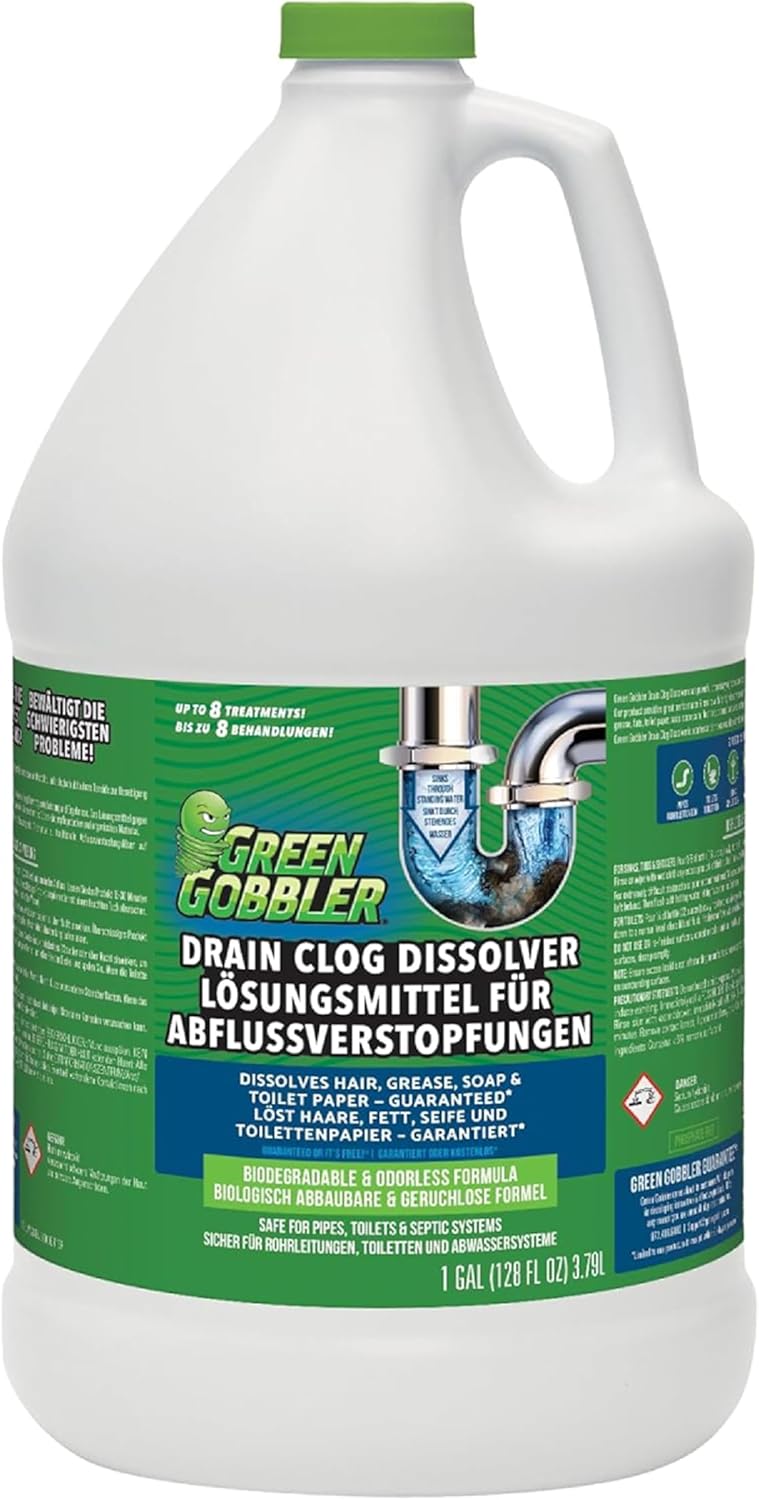 Green Gobbler - Drain Unblocker - Drain Cleaner Pipe Cleaner - Cleans Clogged Toilets Loosens Hair and Organic Materials - Sinks Drain Pipes - 3.8 L