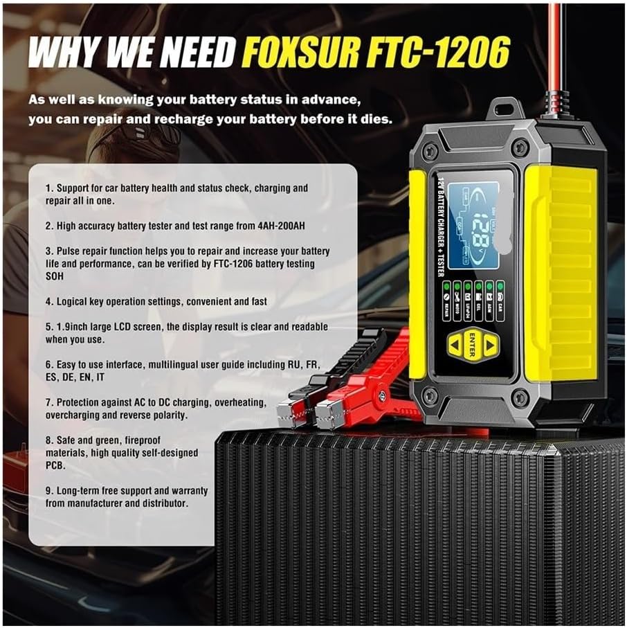 Intelligent 2-in-1 car Battery Charger and Tester, Suitable for Lead-Acid, AG, Gel, Lithium Batteries, and Lithium-ion Battery analyzers for Automobiles and Motorcycles.(Yellow EU Plug)