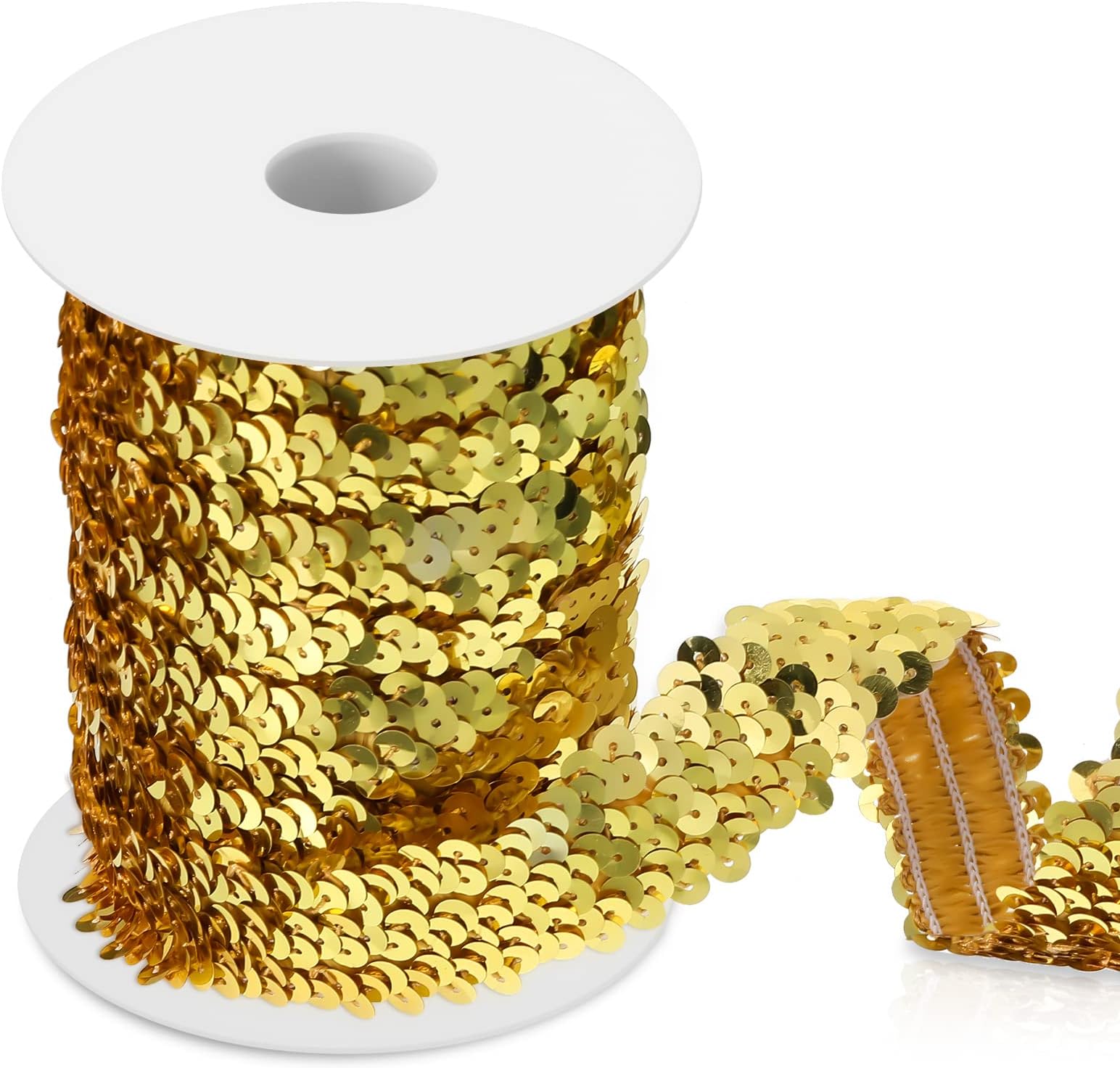 Chuangdi 11 Yard 1 Inch Elastic Sequins Trim 3 Row Flat Glitter Sequin Bling Fabric Paillette Ribbon Trim Metallic Stretch Crafts Elastic Lace for Dress Embellish(Gold)