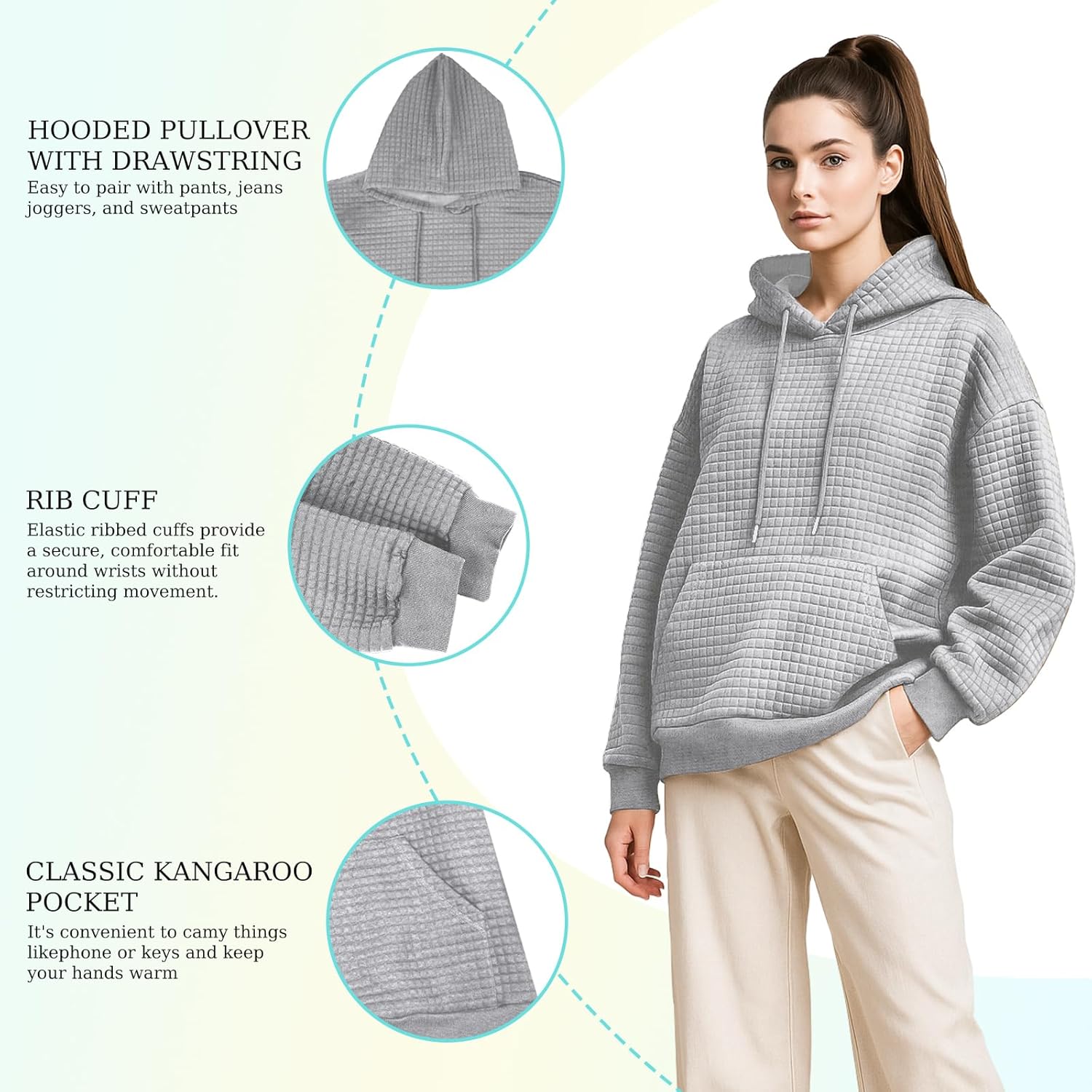 Womens Hoodies Casual Drawstring Waffle Pullover Fall Tops Loose Long Sleeve Hooded Sweatshirt with Pocket - Image 7