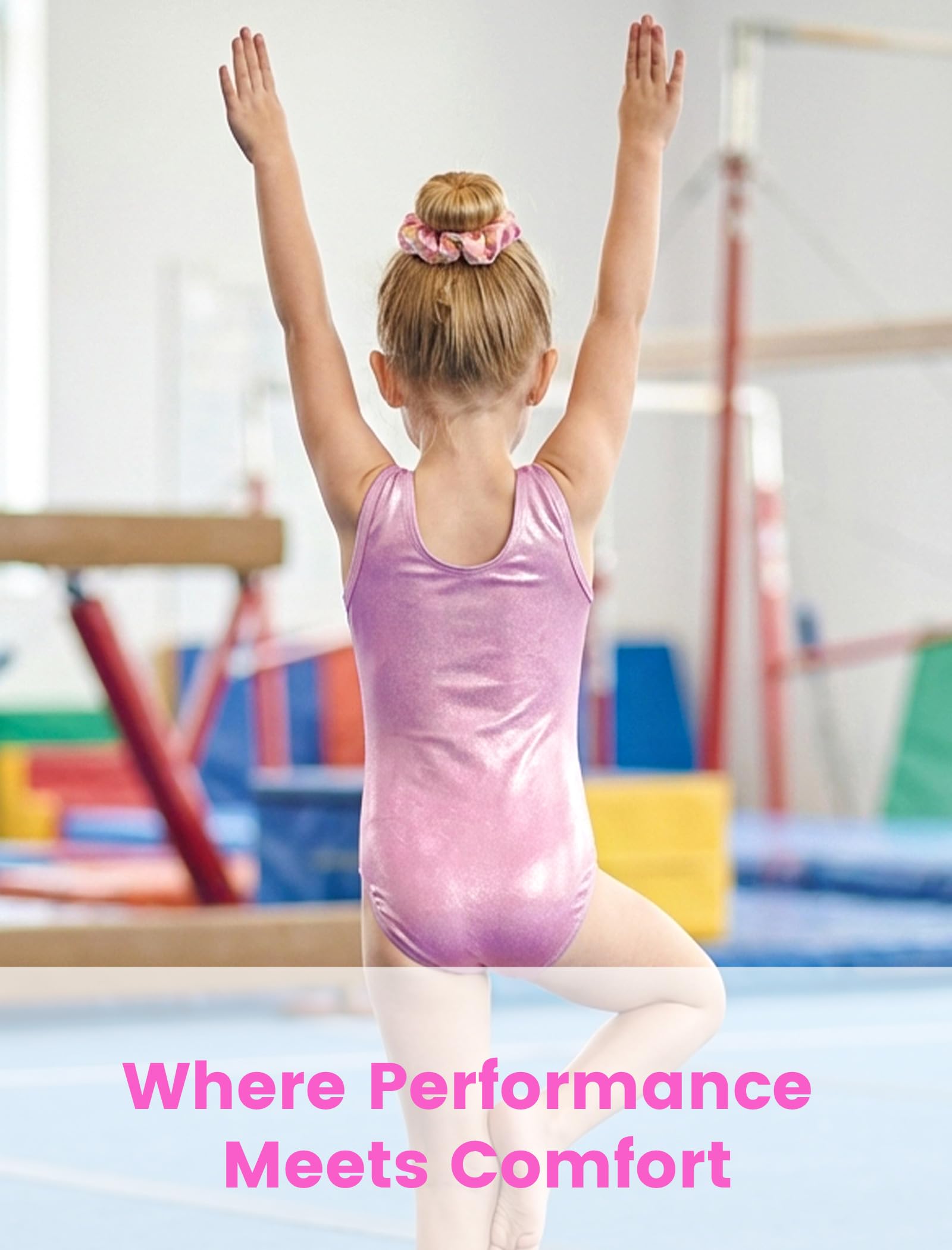 Gogokids Conjunto de gimnasia de tres piezas para niña, cuello en Y, sin mangas, con pantalones cortos y diadema, traje de gimnasia con diseño de bloques de color azul y morado, 3-12 años — view 3