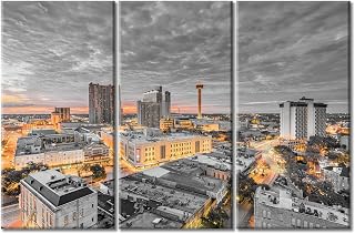 TUMOVO 3 Panel San Antonio Texas USA Downtown City Skyline Modern Artwork Wall Decor Skyscrapers Cityscape Pictures Bathroom Decor Wall Art Print on Canvas Framed Ready to Hang (60" Wx40 H)