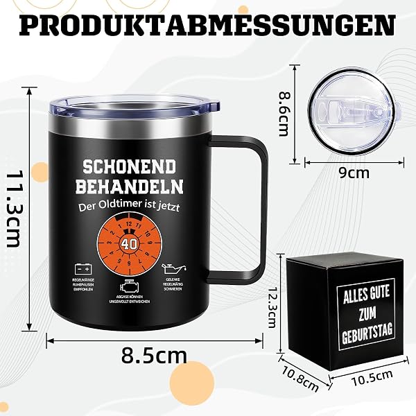 Thermobecher 350ml 60 Geburtstag Geschenk Mann, Schonend behandeln der Oldtimer ist jetzt 60, Lustig Geburtstagsgeschenk für Männer Papa Kollege zum Geburtstag, Schwarz - 2
