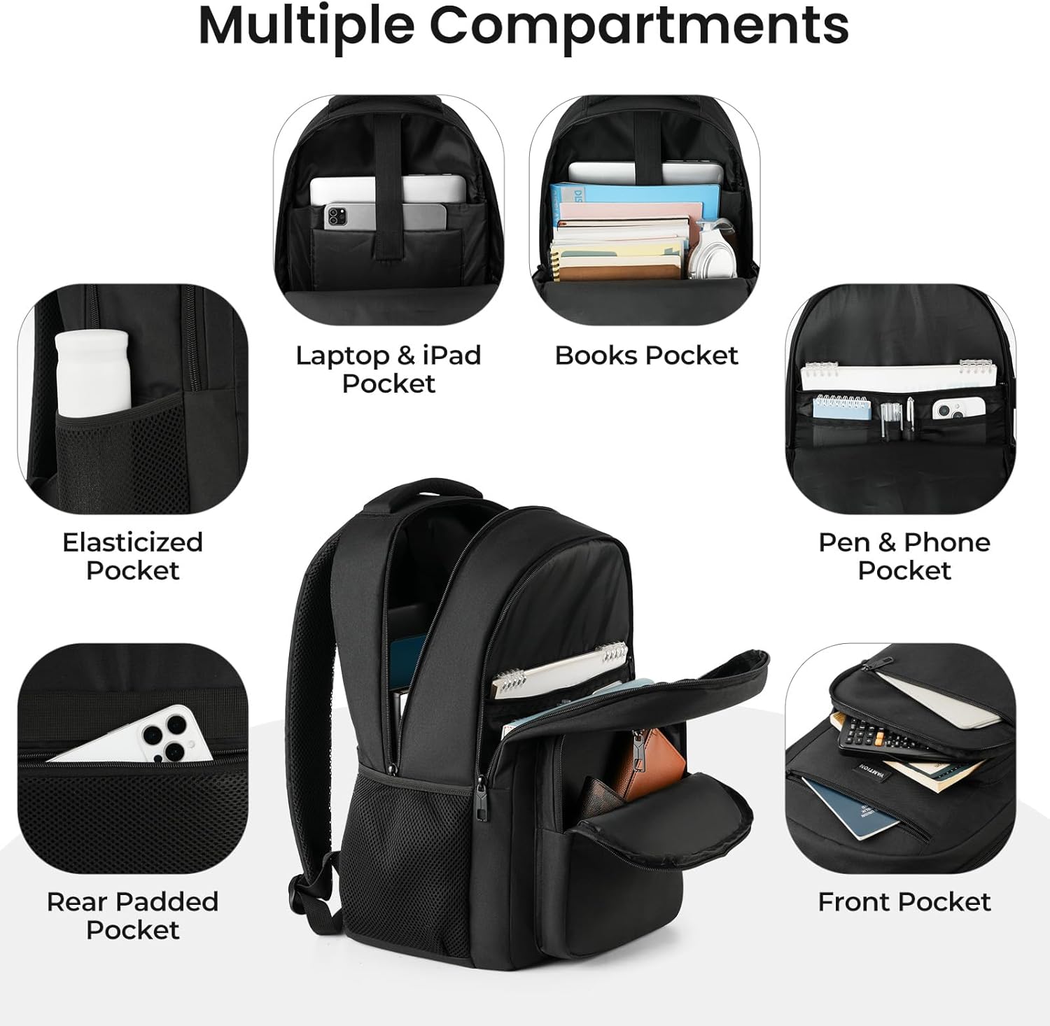 YAMTION Laptop Backpack for Men and Women, Black Backpack, School Backpack for Boys and Girls, Bookbag, Work Backpack with USB Charging Port Fits 15.6 Inch Laptop and Notebook