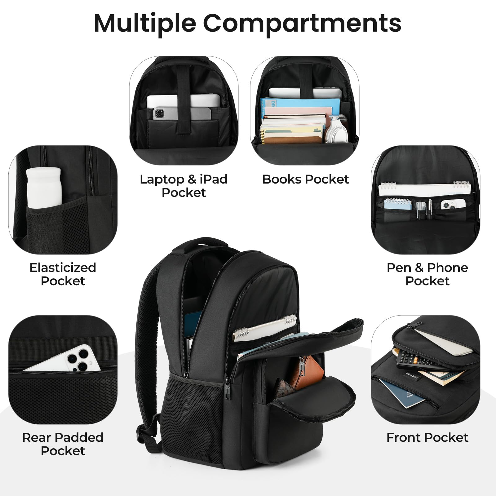 YAMTION Zaino per computer portatile per uomini e donne, nero, zaino per la scuola per ragazzi e ragazze, zaino da lavoro, con porta di ricarica USB, adatto per laptop e notebook da 15,6 pollici