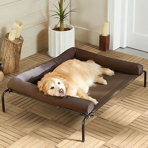 RRPETHOME Elevated Cooling Dog Bed, Raised Dog Cots Beds for Large Dogs, Outdoor Pet Bed for Large Dogs, Chew Proof Portable Cooling Pet Cot Skid-Resistant Feet, Frame with Breathable Mesh