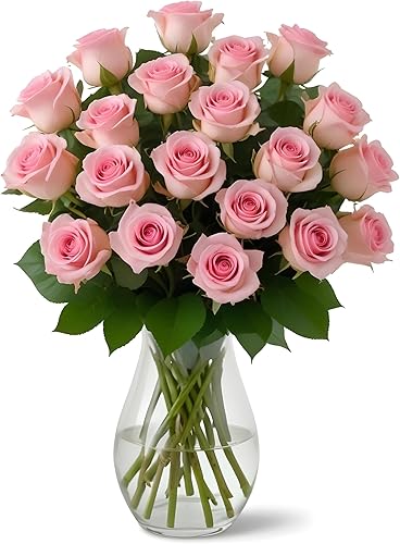 Elige tu propia fecha de entrega 18 rosas rosadas + ramo de flores frescas de aliento de bebé con jarrón  Diseñado por Arabella Bouquets  Flores