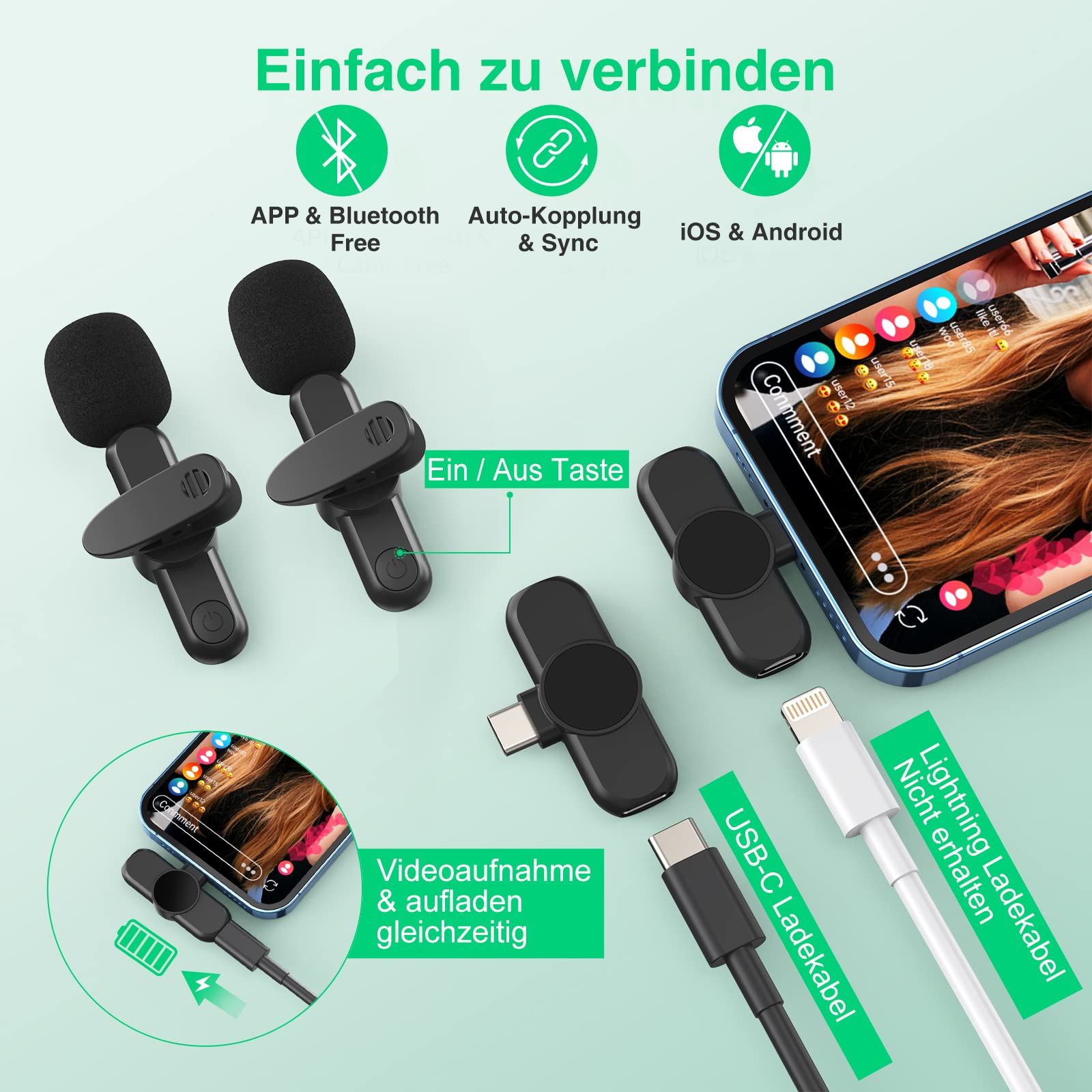 Lavalier Mikrofon Wireless für iPhone,Android(2 Mikfon und 2 Empfänger), Plug-Play Ansteckmikrofon mit Ladegerät Kabelloses Reverberation Wireless mini Microphone für die TikTok/YoTube/Vlog