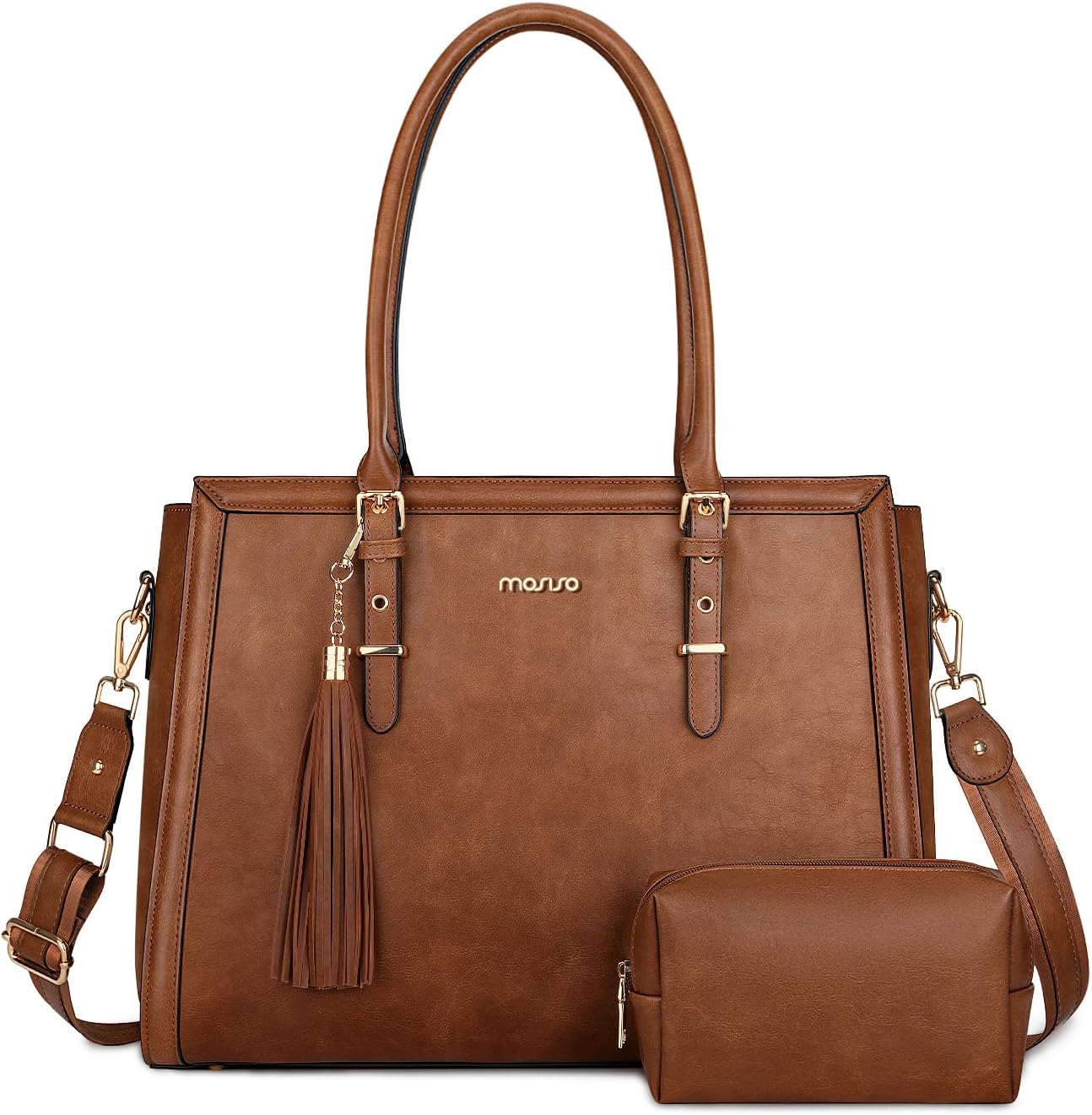 MOSISO Laptop Bag for Women, Vintage PU Leather Tote Bag with Laptop Compartment, Large Capacity Handbag for Work Business