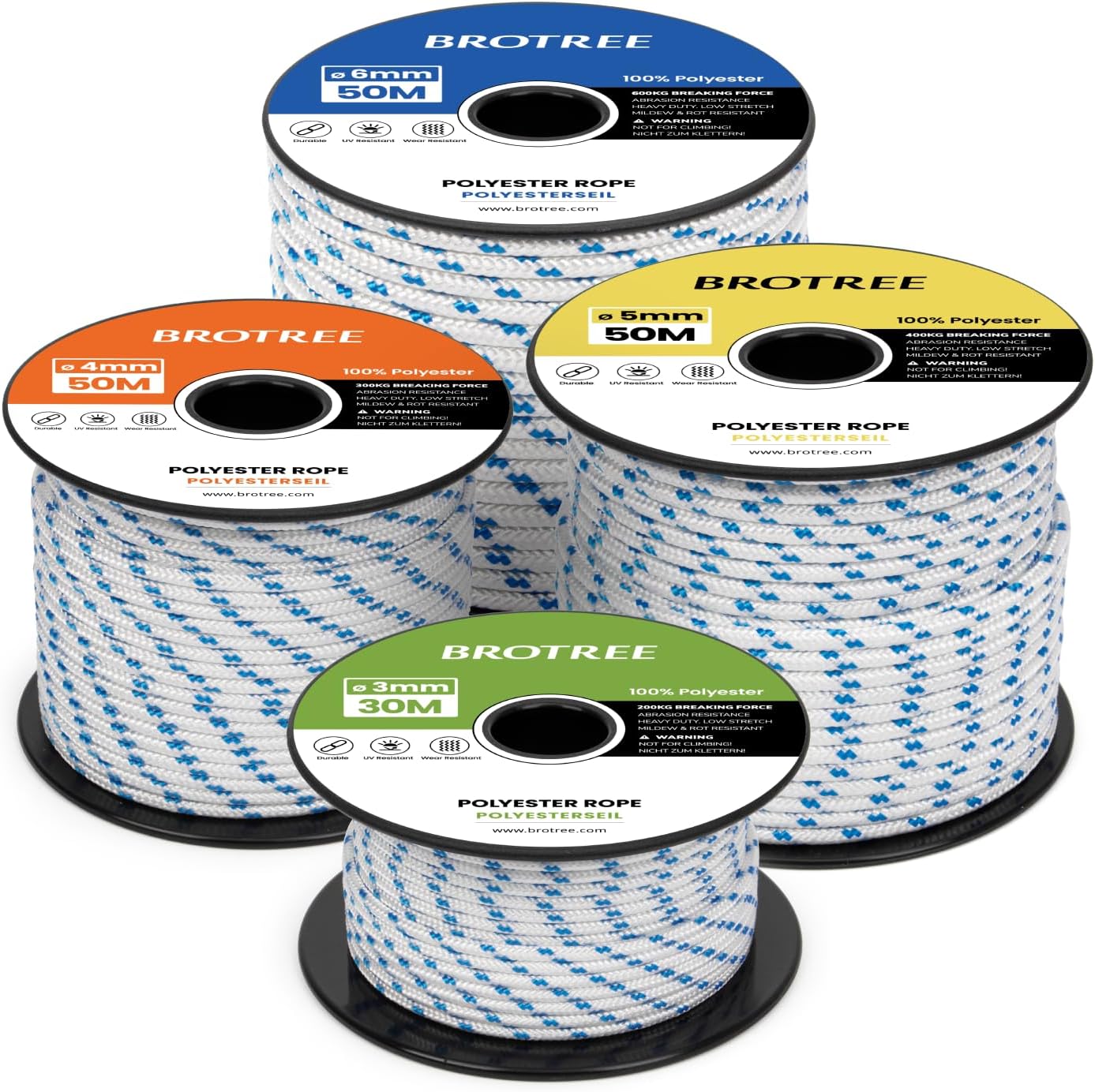 Brotree Braided Polyester Rope 3mm x 30m White/Blue - Low Stretch Braided Polyester Cord for Marine, Boat, Mooring, Flagpole Halyard - 200KG Breaking Load