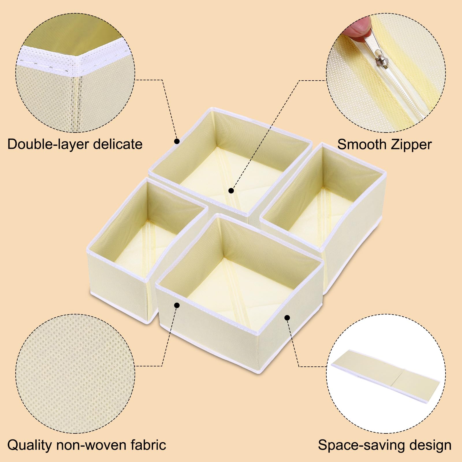 QUARKZMAN 1 Set Scatola di Stoccaggio in Tessuto Pieghevole, 12 Scomparti Organizzatori per Cassetti Biancheria Intima Calzini Sciarpe Cravatte, Beige