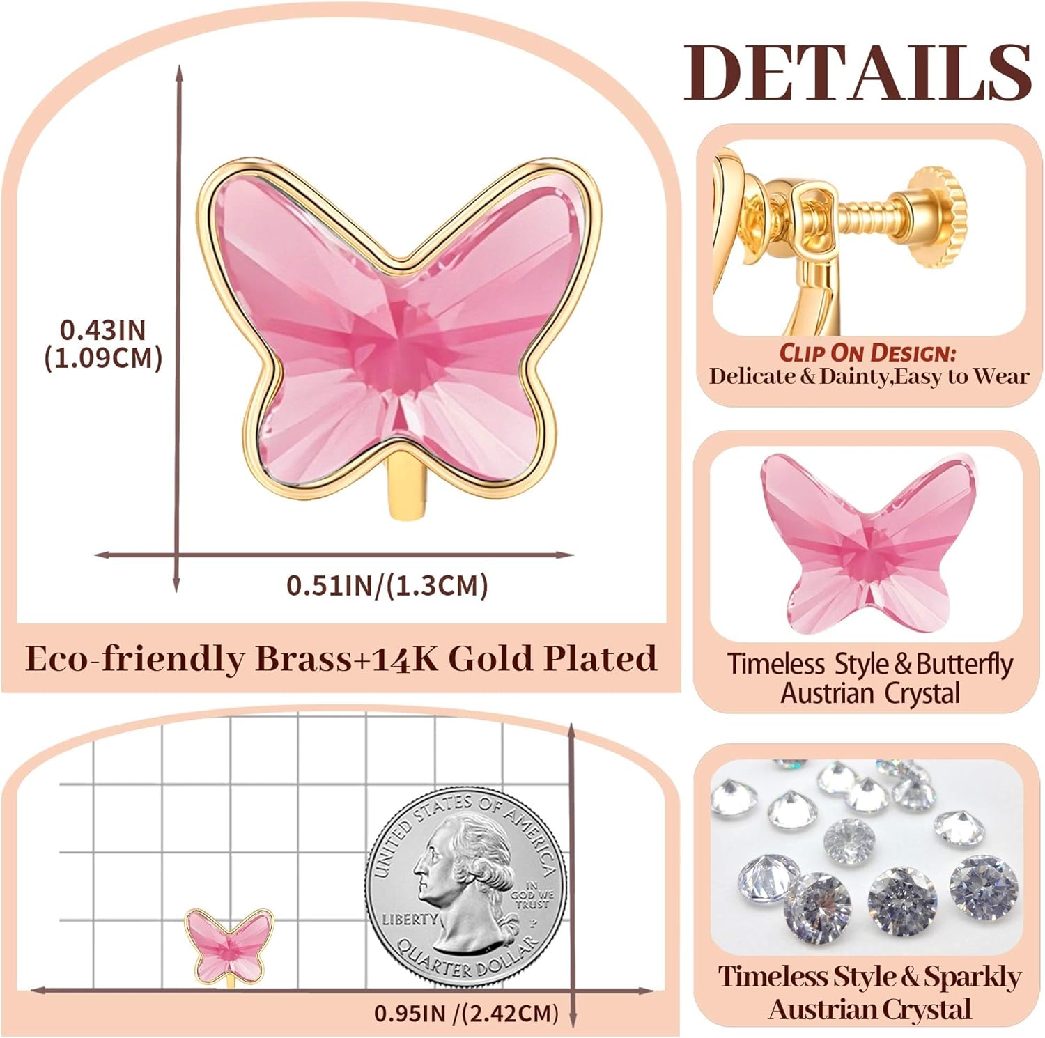 EVEVIC Austrian Crystal Butterfly Clip On Earrings for Women Adjustable Screw Back Non Pierced Earring 14K Gold Plated Hypoallergenic Jewelry - Image 6