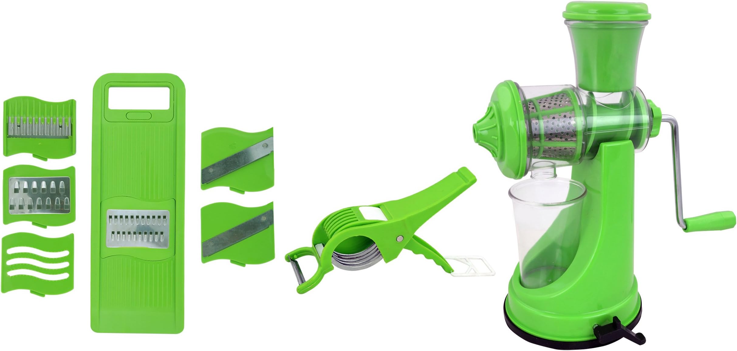 Kitchen Tools Combo of Green-Manual Juicer, 6 in 1 Slicer, and Veg Cutter with Peeler