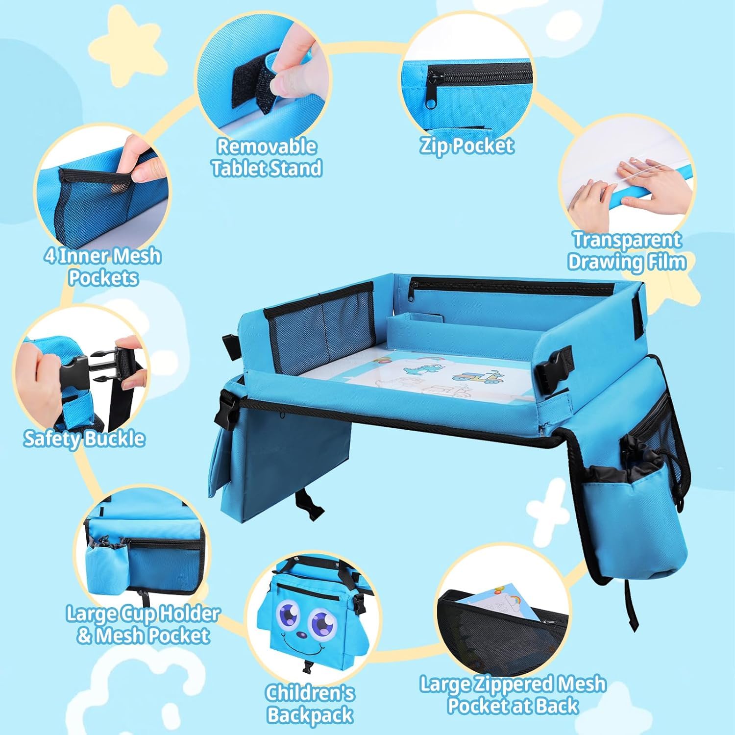 Plateau de Voyage, Plateau pour siège Auto pour Enfant avec Surface de Dessin effaçable Transparente, Plateau d'activités Polyvalent pour Enfants avec 6 stylos et 5 Cartes à Dessin