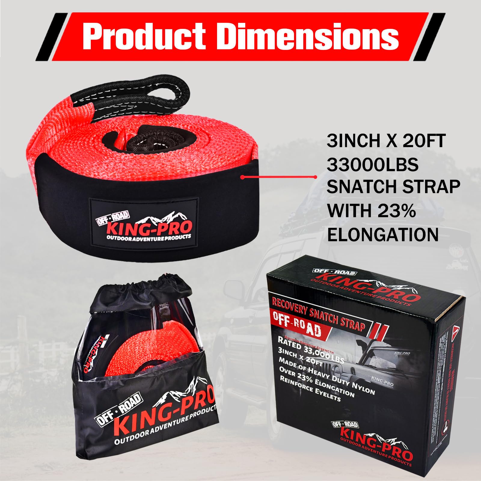 KING-PRO Snatch Strap Recovery Kit 3" X 20ft, 33,000lbs Breaking Strength With 23% Elongation, 100% Nylon Kinetic Towing Strap With 2pcs Heavy Duty 3/4 D Ring Shackles For Truck SUV ATV Off