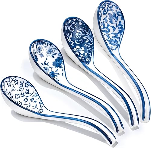 Miniatura 2 de Cucharas de sopa de cerámica asiática cucharas de sopa juegos de 4 cucharas de sopa japonesas de mango largo, cucharas de ramen de porcelana azul