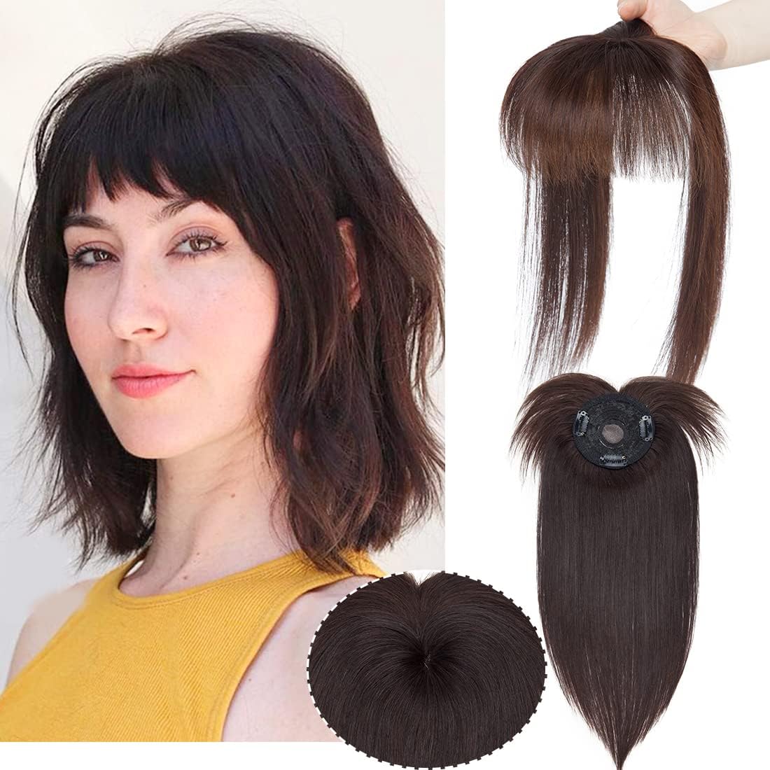 Remy Mono Base Hair Topper Clip in on Topper Human Hair with Bangs