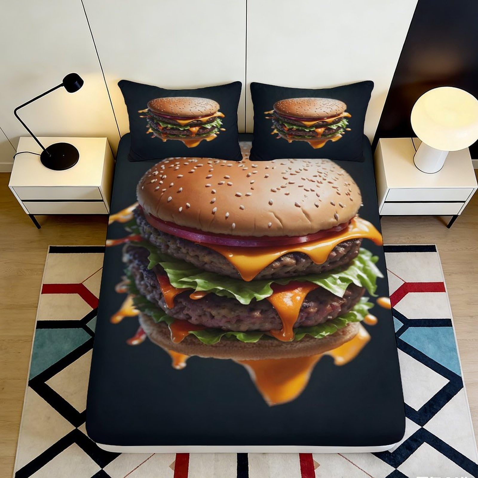 Pnayamiorkfel Style-2 3D Printed Hamburger Cheeseburger Fitted Sheet Microfiber Anti-Slip Mattress Cover For Bedroom Decor Easy Care 90X200x25cm
