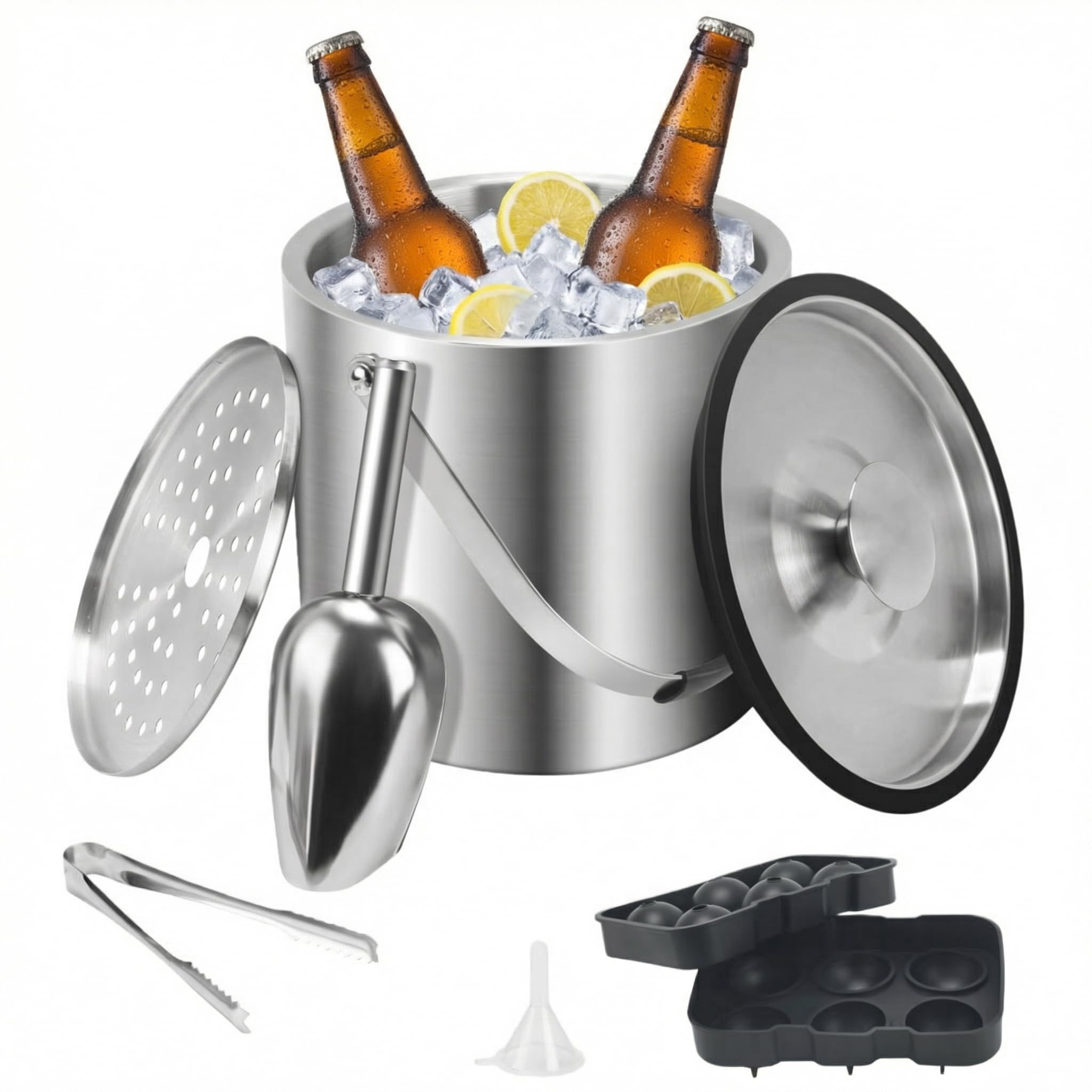 3L seau a glacon seau a champagne sceaux à glace et rafraîchisseur Double Paroi seau à glaçons isotherme en Acier Inoxydable avec Couvercle Pince Pelle cubes de glace et passoire