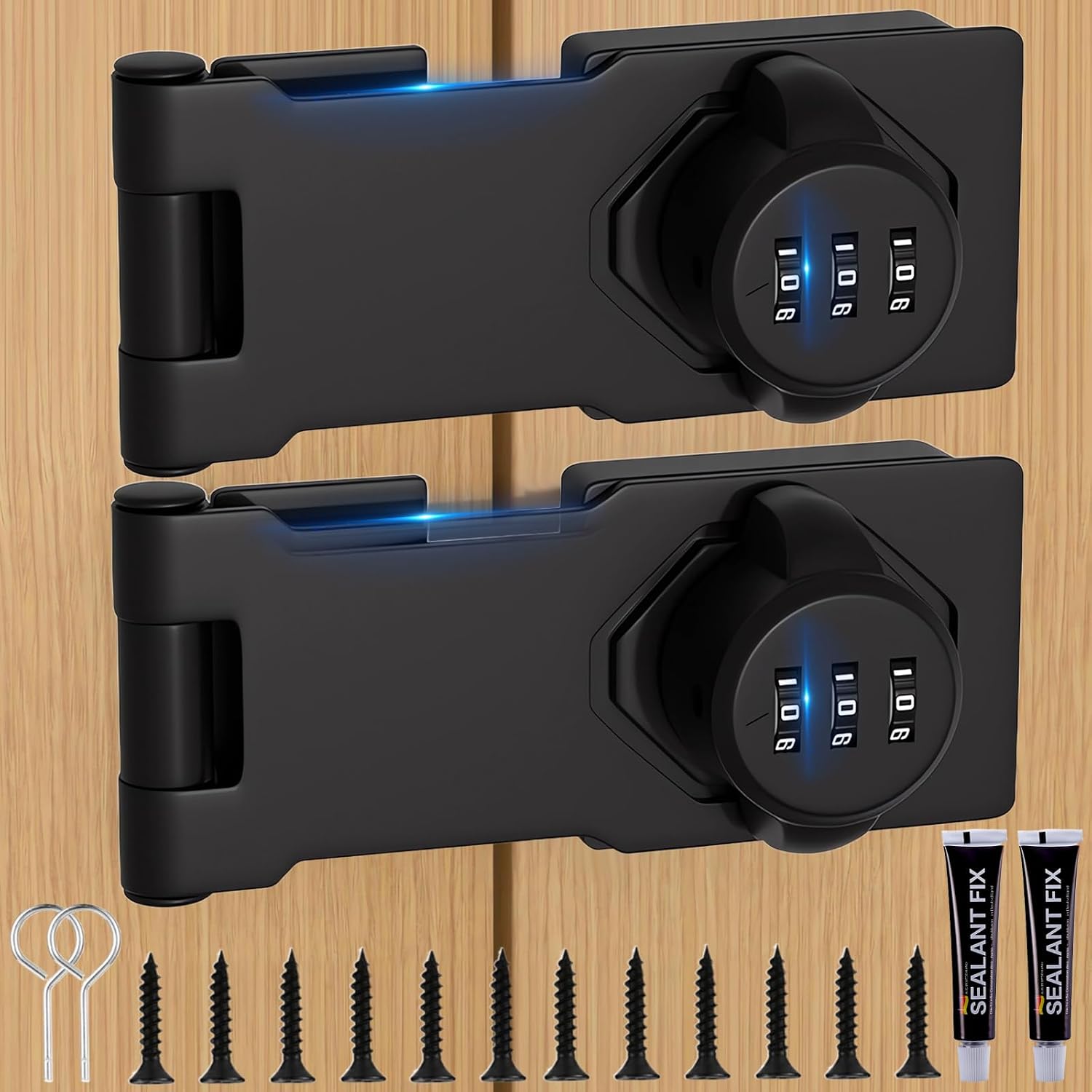 Cabinet Door Lock with Combination 2Pack 3-Digit Anti-Pry Keyless Cabinet Locks with Combination - 180 Degree Password Hasp Locks Bifold Door Lock Closet Double Door Lock for Barn Black