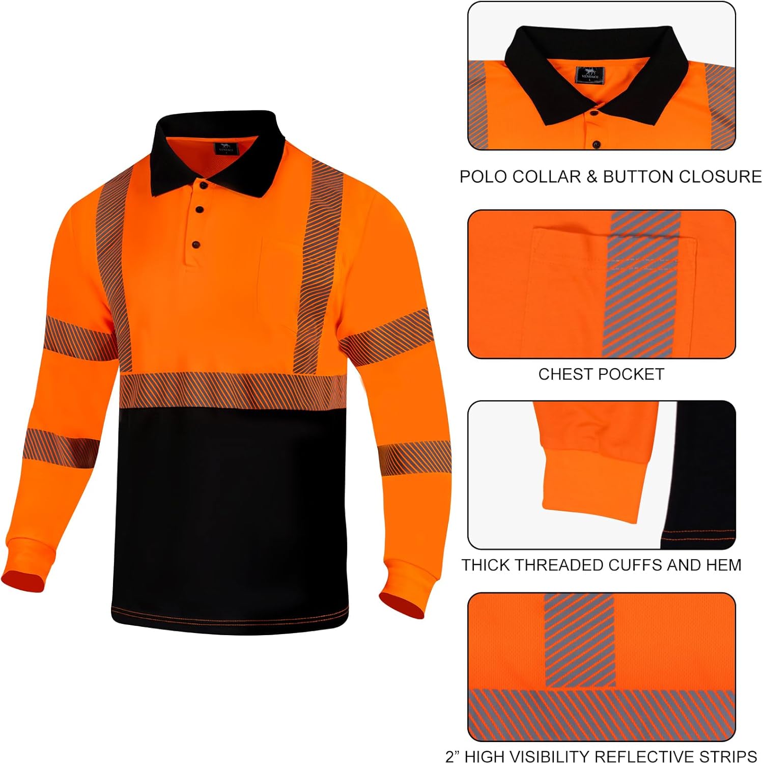 VENDACE 3 Pcs Hi Vis Safety Reflective Long Sleeve Polo Shirts for Men ANSI Class 3 High Visibility Construction Work Shirts - Image 3