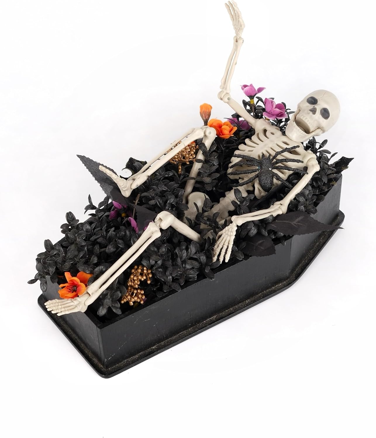 Halloween Table Decor Centerpiece, Spooky Scary Funny Poseable Skeleton with Coffin Decoration for Home Indoor Living Dining Room Kitchen Tabletop Shelf, 12" L