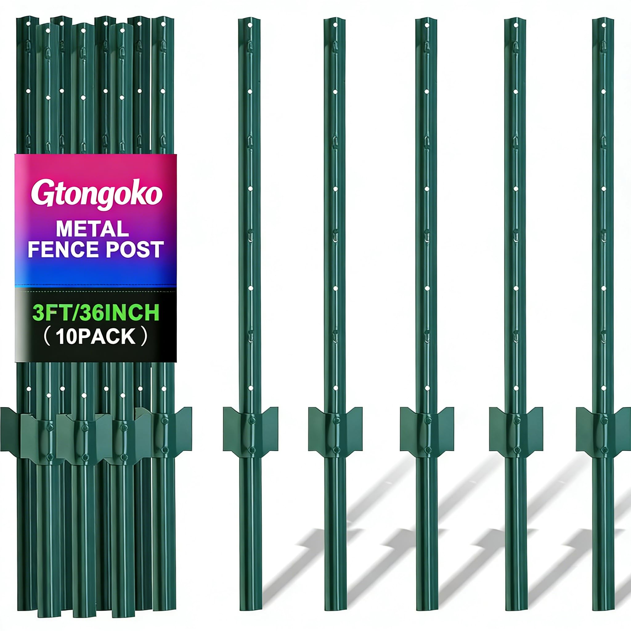 Gtongoko 3 Feet Sturdy Duty Metal Fence Post, Pack of 10, U Post for Fencing Green Fence Posts for Garden Yard and Outdoor Wire