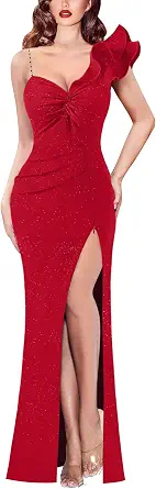 Women's Formal Prom Ruffle One Shoulder Strap Ruched Maxi Dress