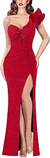 Womens Formal Prom Ruffle One Shoulder Strap Ruched Maxi Dress 2025 Sexy Twist Front Split Wedding Guest Evening Gown