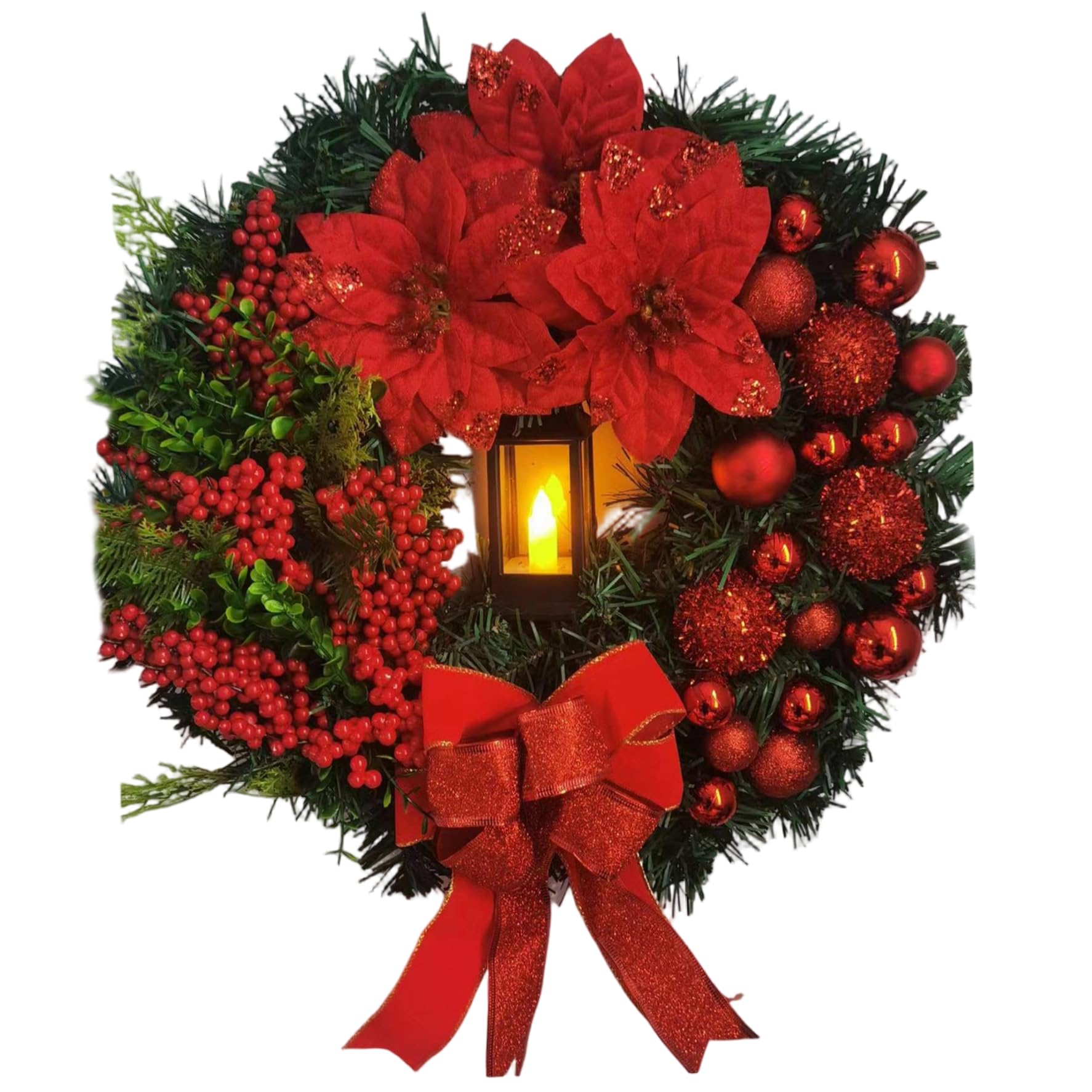 Couronne de Noël pour porte d'entrée lumineuse 16 pouces avec baies rouges