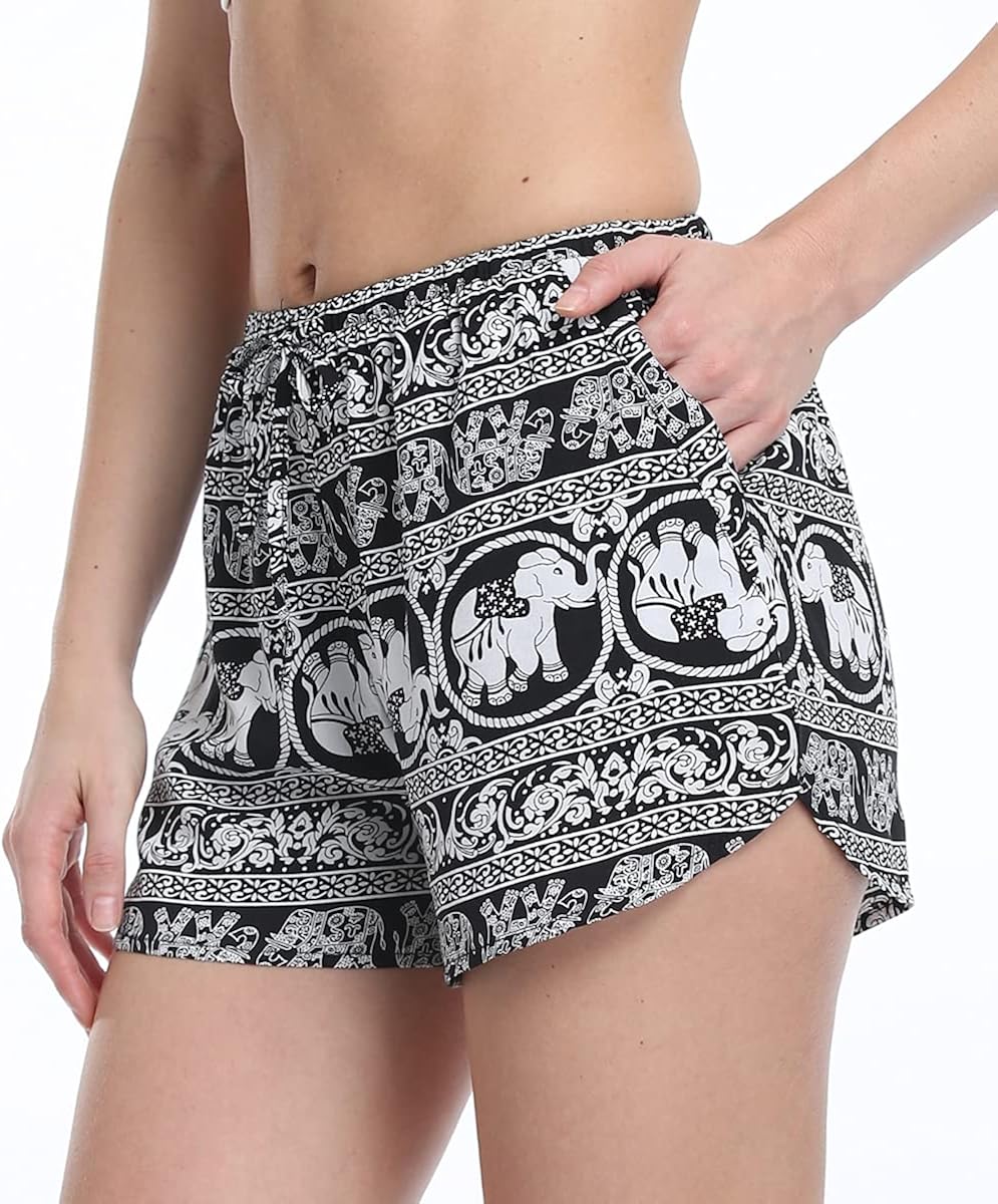 PEIQI Women's Elastic Waist Boho Print Shorts Summer Beach Shorts with Pockets : Clothing, Shoes & Jewelry