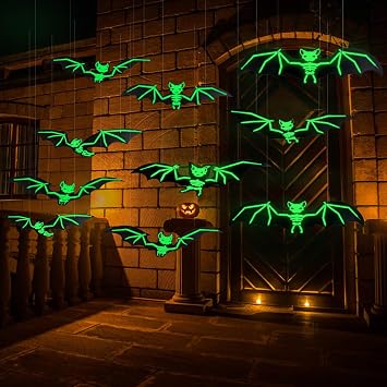 DIYASY 12 Pcs Hanging Bats Halloween Decor, Large Glow Bats Wall Decorations for Outside 3D Plastic Flying Bat Light up Bat House Decorative Decals for Home Outdoor Window