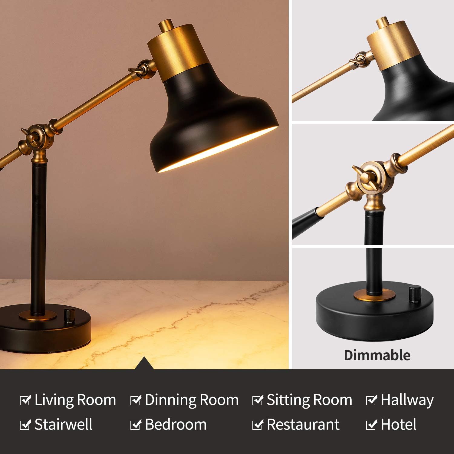 Tор Rаtеd Vintage Table Lamp Dimmable Black and Gold Desk Lamp Retro Adjustable Nightstand Bedside Lighting for Bedroom, Living Room, Office