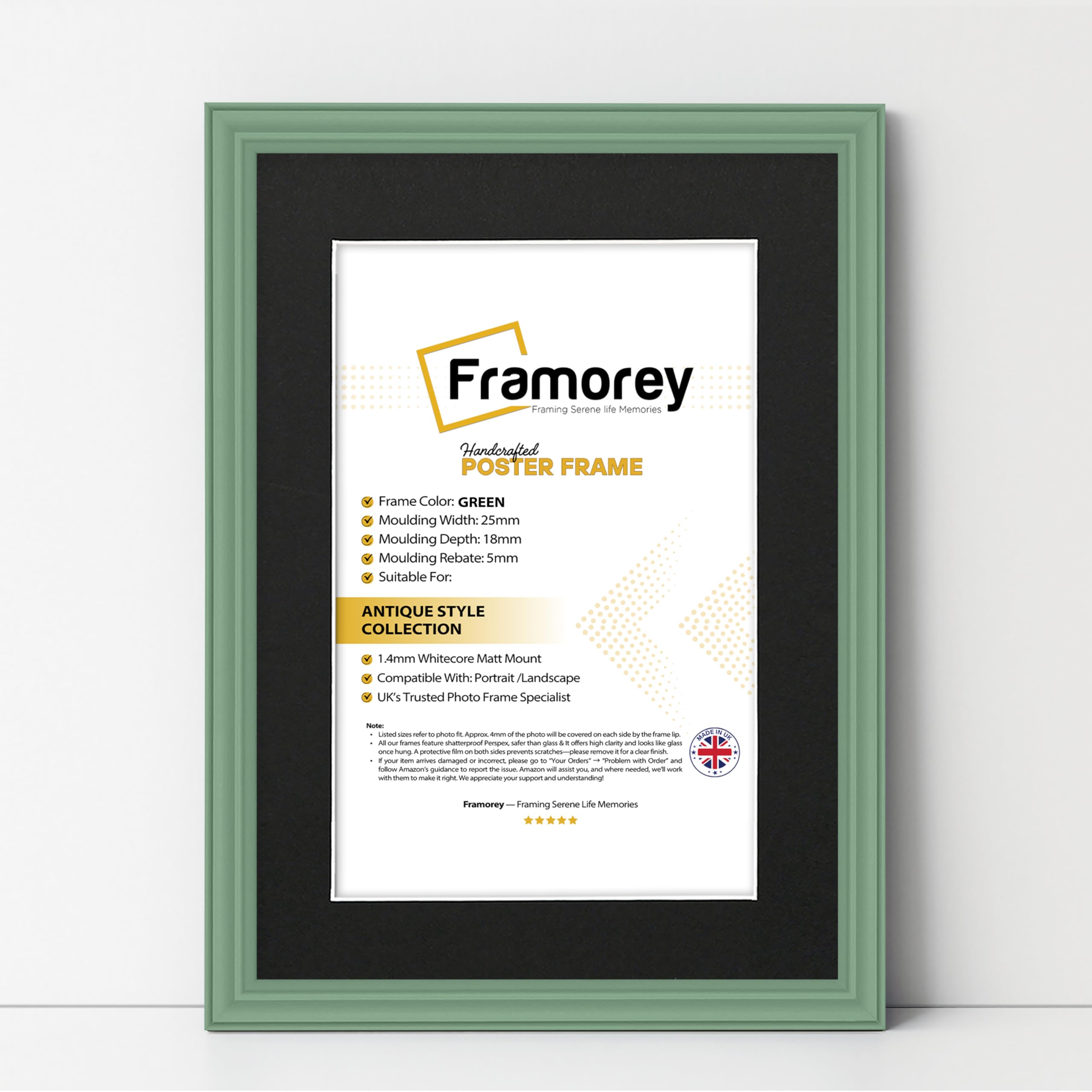 Framorey Framing Serene Life Memories Green With Black Mount Framorey Lw Antique Style Photo Frames A2 Size Green Picture Frame With A3 Size Black Mount, Wall Hanging Poster Frame, Photo Print Frames