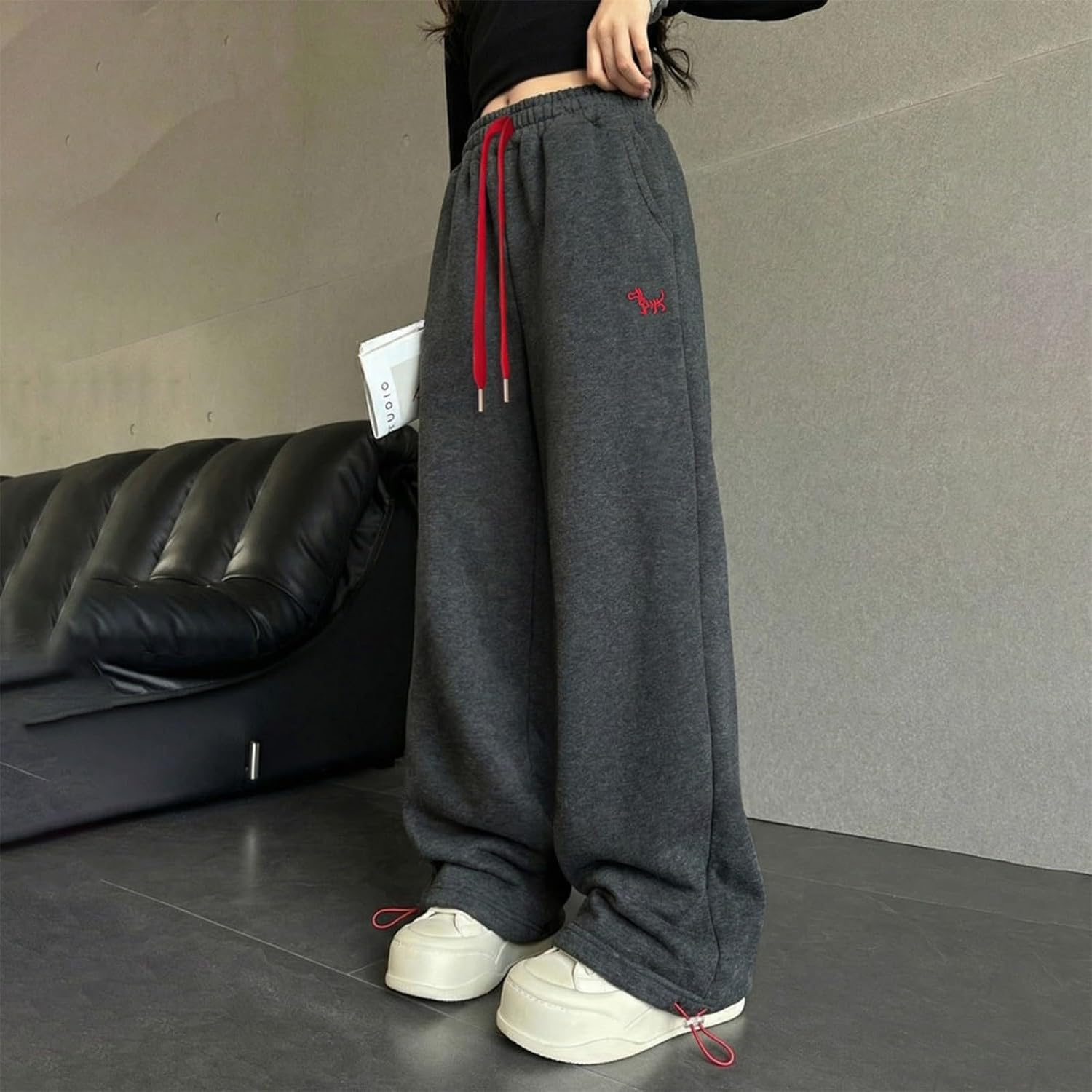 Girls Fleece Lined Sweatpants Wide Leg Baggy Cute Elastic High Waist Jogger Pant Winter Trendy Pocket Track Pants