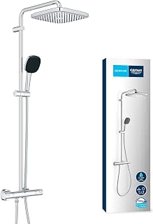 GROHE Vitalio Comfort 250 Shower Column with Thermostatic Mixer Tap (Cube Head Shower 25 cm 1 Jet (Rain), Shower Head 11 cm 2 Jets, Flexible 1.75 m, Water Saving, Chrome, 26696001